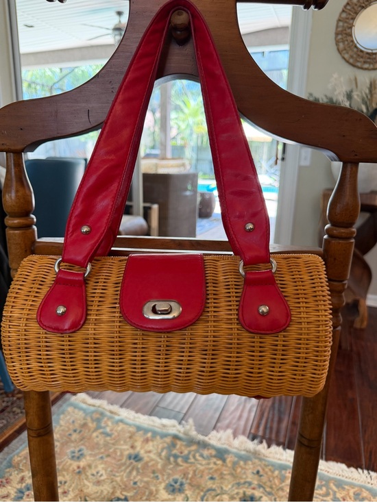 Handbags - Vintage Wicker Handbag Red Leather Trim Basket Purse Summer Resort Bag